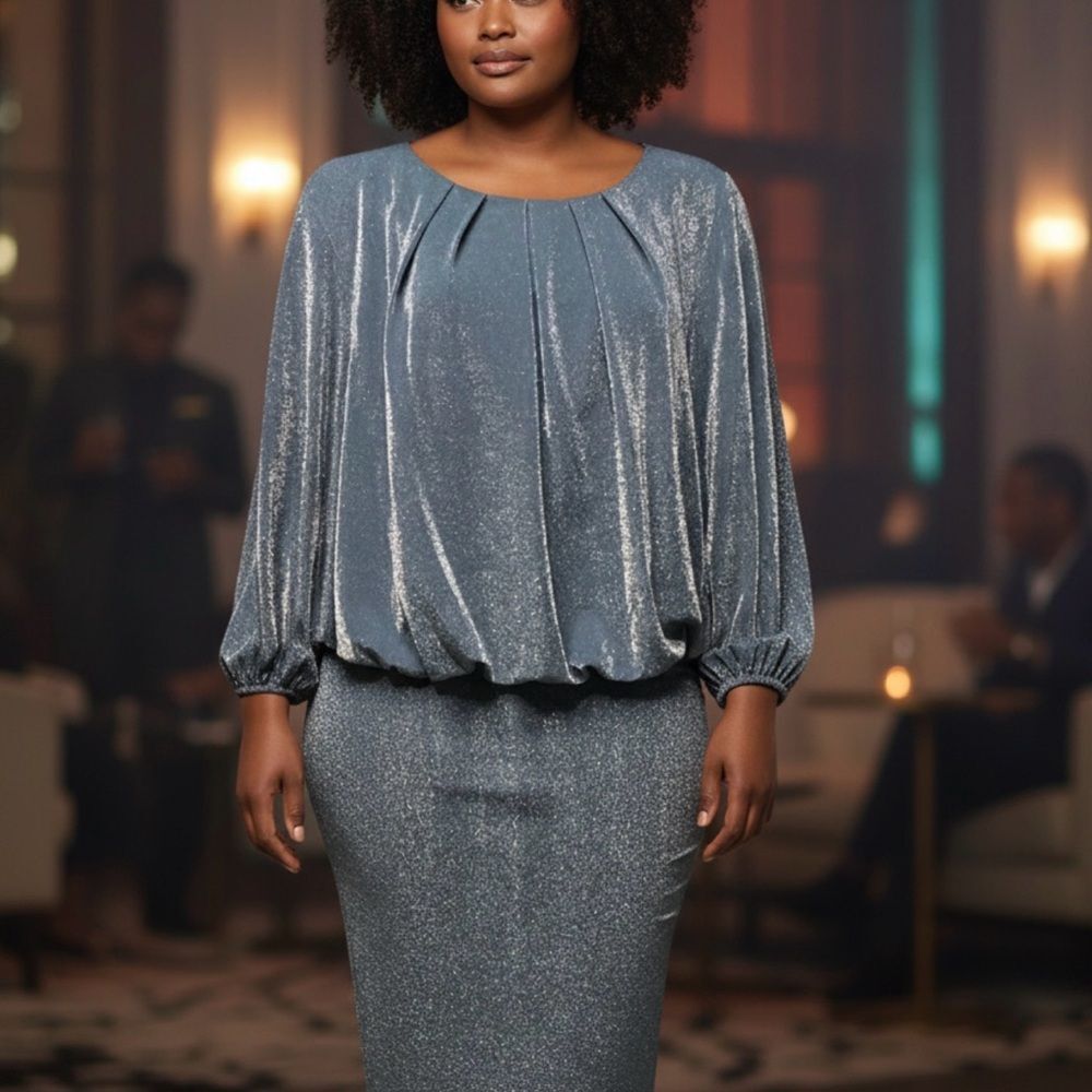 🟡 Jessica Howard Metallic Teal with Silver Threads Midi Dress